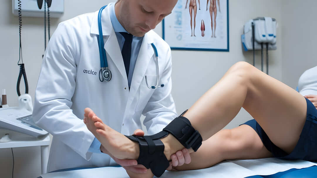 Médecin examinant la cheville d'un patient avec una attelle orthopédique noire.